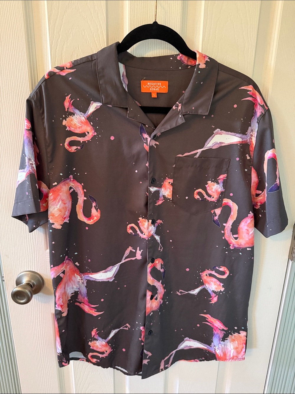 Negative Space Men’s Brown Short Sleeve Flamingo Print Button-Down Shirt